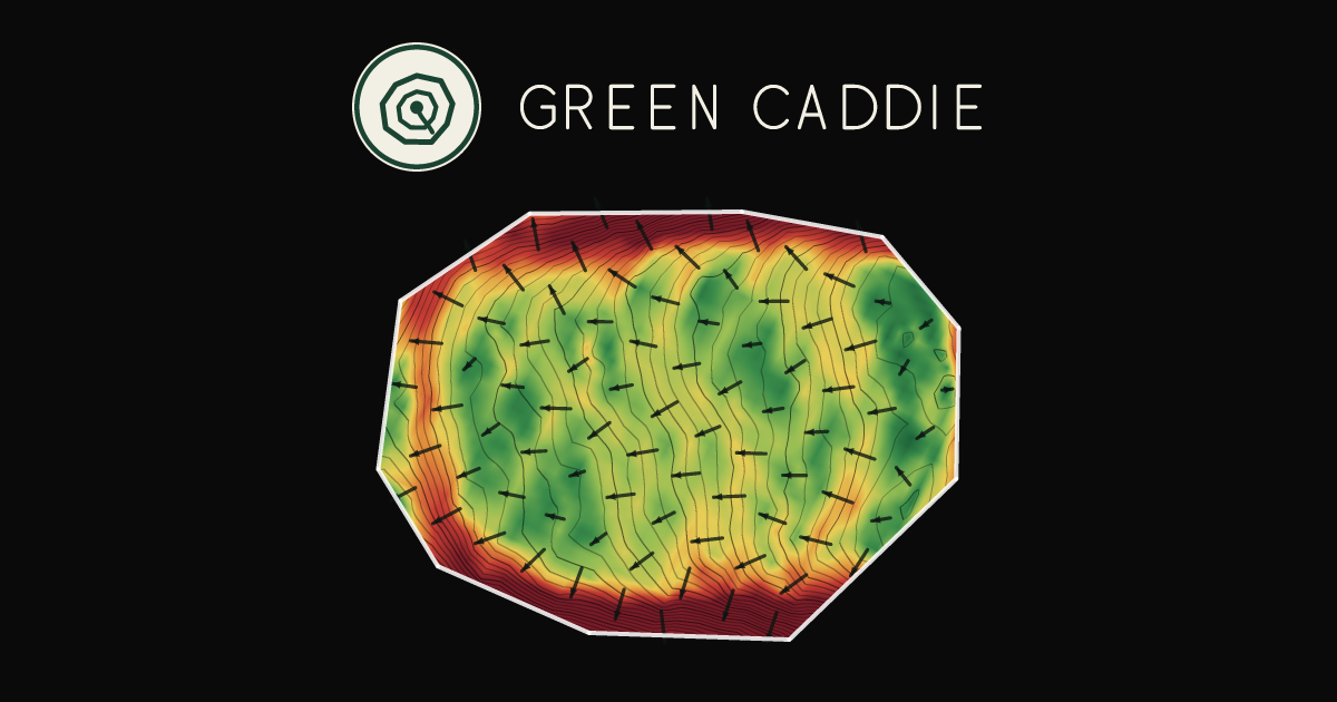 A putting green at Clyde Golf Course, painted with its measured slope — green where it is flat, red where it falls away, with arrows showing which way a ball rolls.