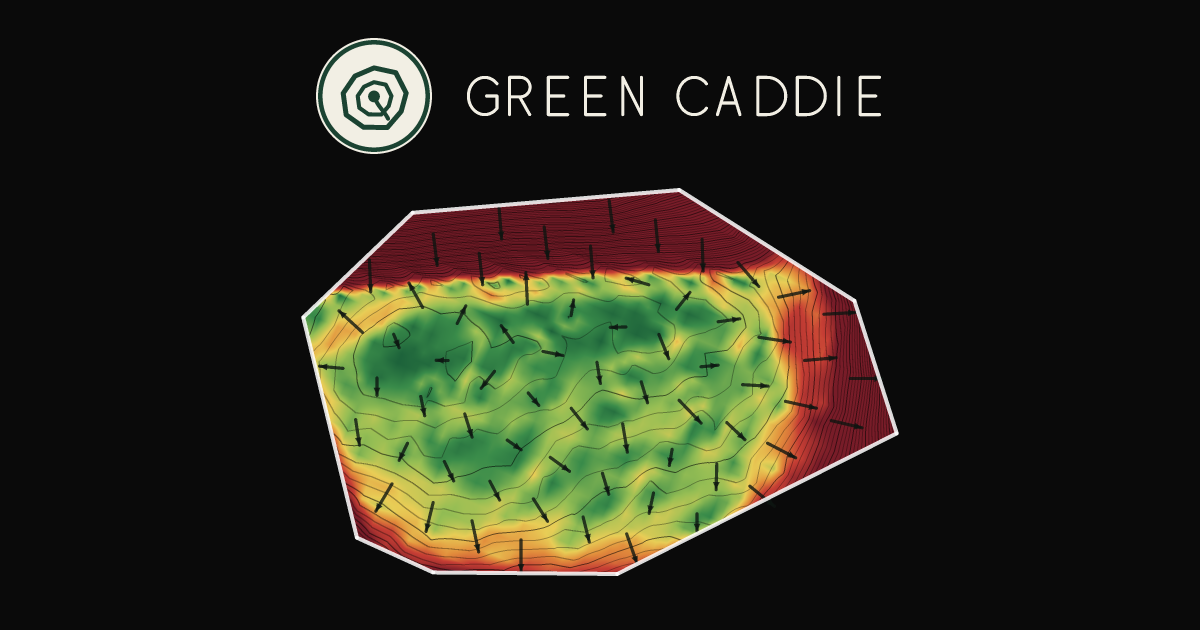 A putting green at Coromandel Golf Course, painted with its measured slope — green where it is flat, red where it falls away, with arrows showing which way a ball rolls.