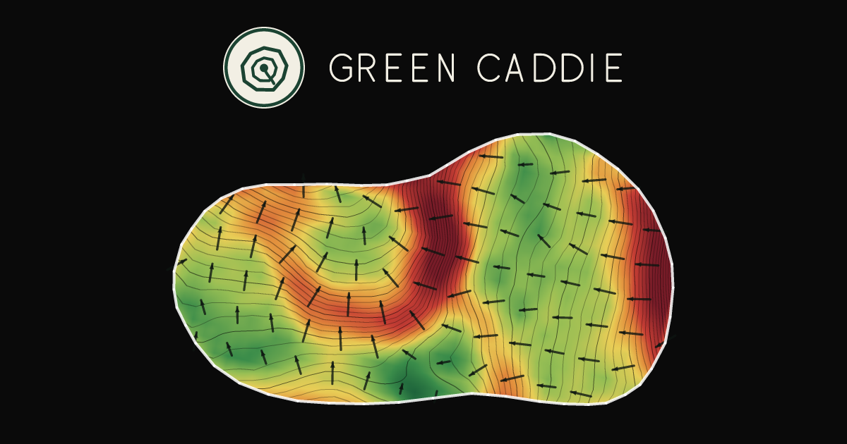 A putting green at Harewood Golf Club, painted with its measured slope — green where it is flat, red where it falls away, with arrows showing which way a ball rolls.