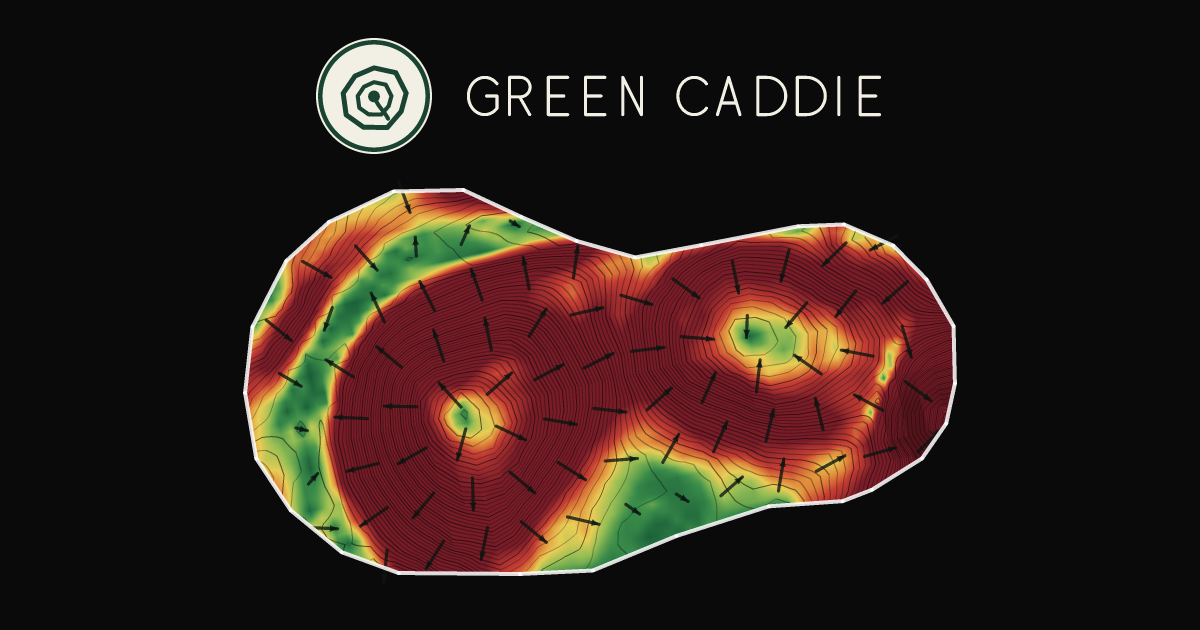 A putting green at Miramar Golf Course, painted with its measured slope — green where it is flat, red where it falls away, with arrows showing which way a ball rolls.
