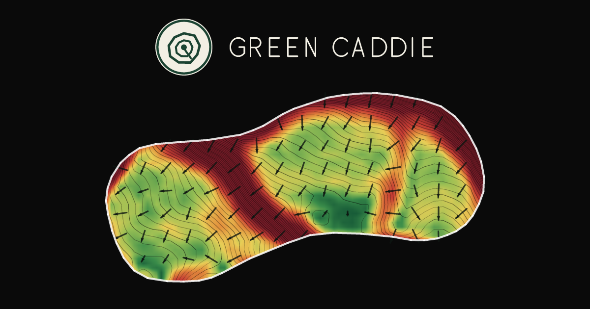 A putting green at Muriwai Golf Club, painted with its measured slope — green where it is flat, red where it falls away, with arrows showing which way a ball rolls.
