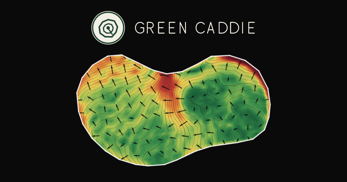 A putting green at Ōmokoroa Golf Club, painted with its measured slope — green where it is flat, red where it falls away, with arrows showing which way a ball rolls.