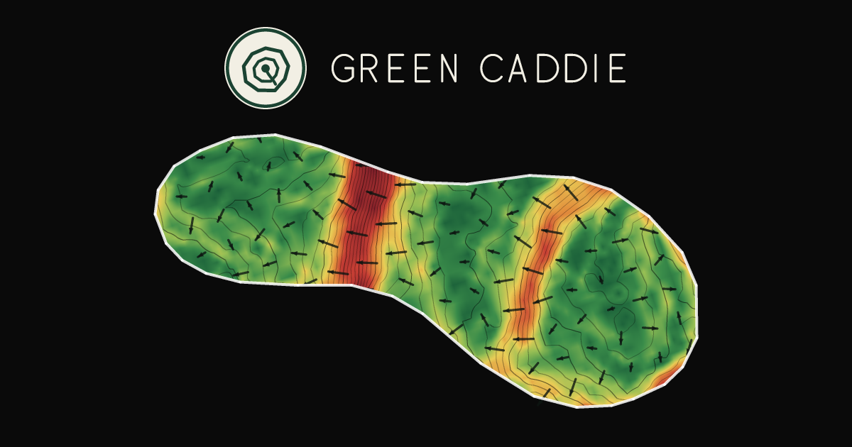 A putting green at Ōtaki Golf Club, painted with its measured slope — green where it is flat, red where it falls away, with arrows showing which way a ball rolls.