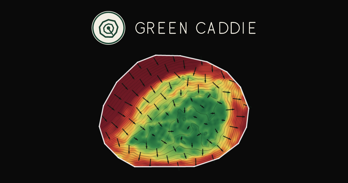 A putting green at Piopio / Aria Golf Club, painted with its measured slope — green where it is flat, red where it falls away, with arrows showing which way a ball rolls.