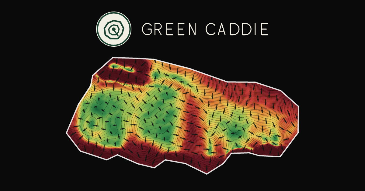 A putting green at Royal Auckland & Grange Golf Club, painted with its measured slope — green where it is flat, red where it falls away, with arrows showing which way a ball rolls.