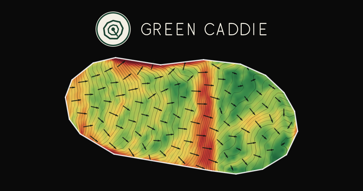 A putting green at Taumarunui Golf Club, painted with its measured slope — green where it is flat, red where it falls away, with arrows showing which way a ball rolls.