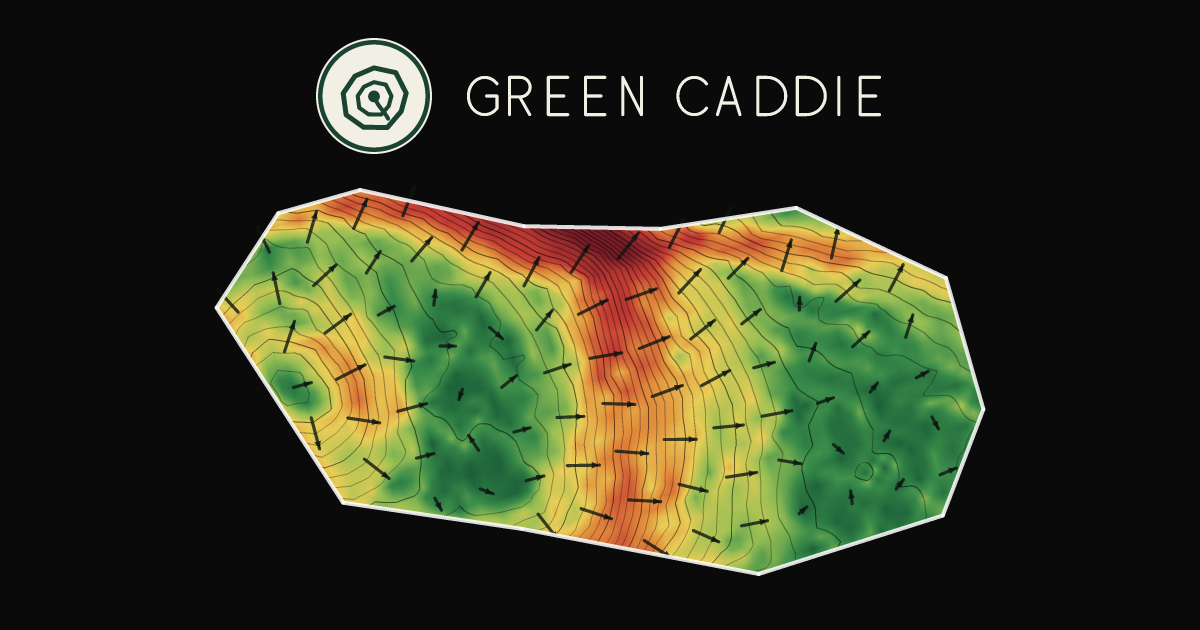 A putting green at Tinwald Golf Club, painted with its measured slope — green where it is flat, red where it falls away, with arrows showing which way a ball rolls.