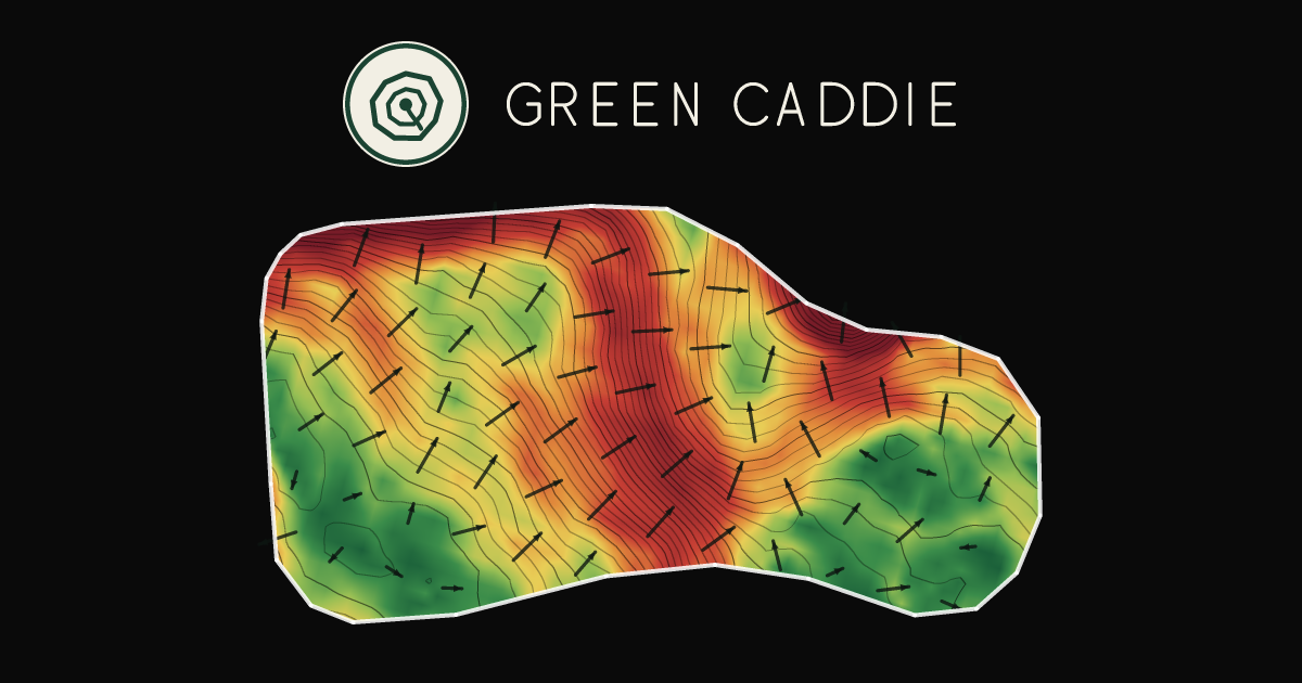 A putting green at Trentham Camp Golf Course, painted with its measured slope — green where it is flat, red where it falls away, with arrows showing which way a ball rolls.