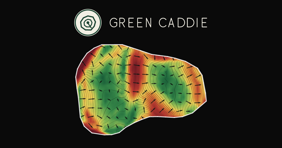 A putting green at Whitford Golf Course, painted with its measured slope — green where it is flat, red where it falls away, with arrows showing which way a ball rolls.